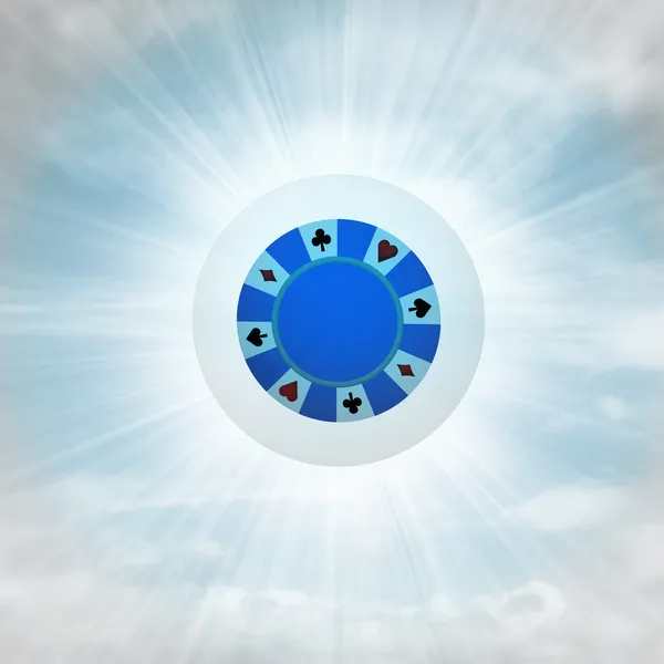 Blue poker chip in glossy bubble in the air with flare — Stock Photo, Image