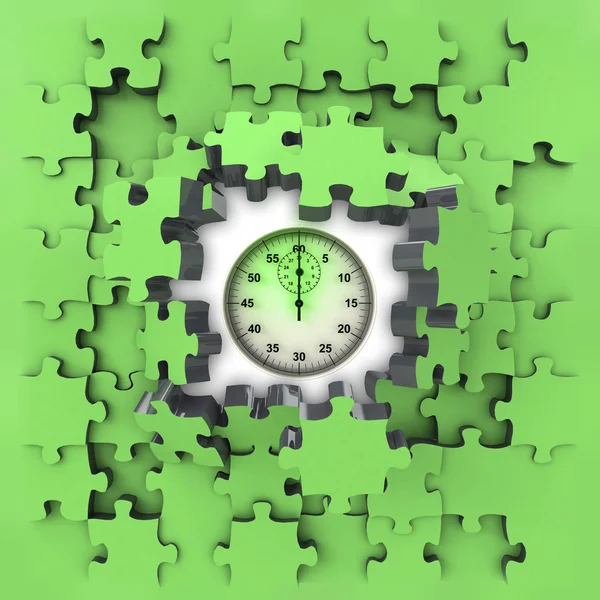 Green puzzle jigsaw with stopwatch revelation — Stock Photo, Image