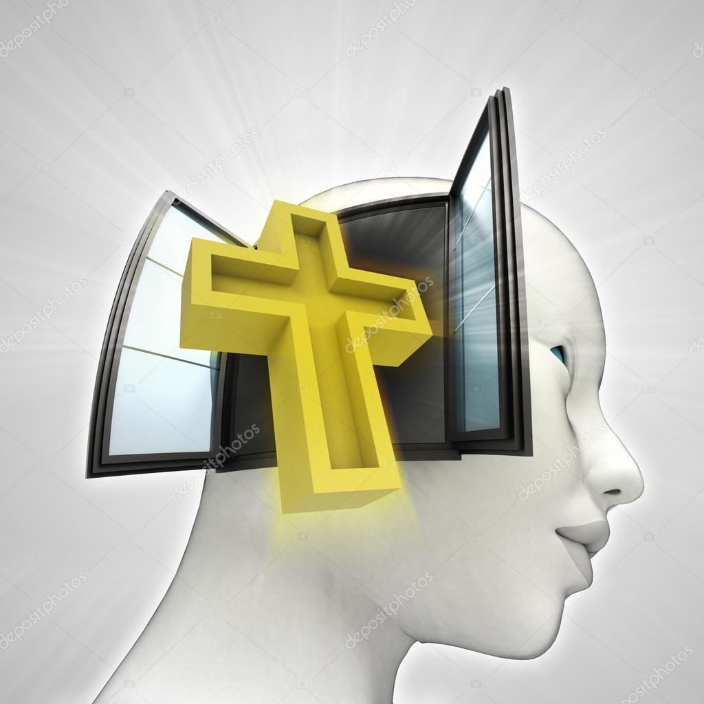 holy cross religion coming out or in human head through window concept