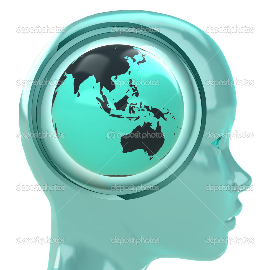 blue human head with brain cloud with Asia globe inside