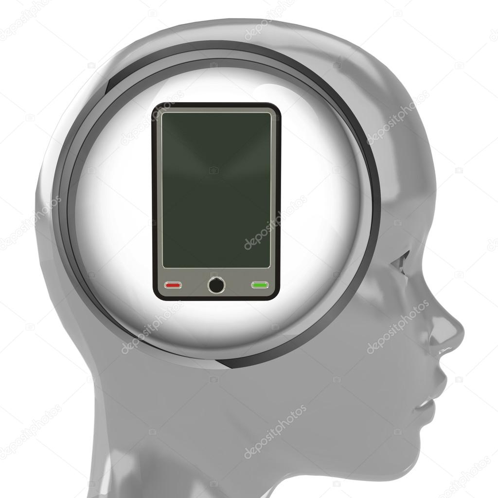 metallic human head with brain cloud smart phone clock inside