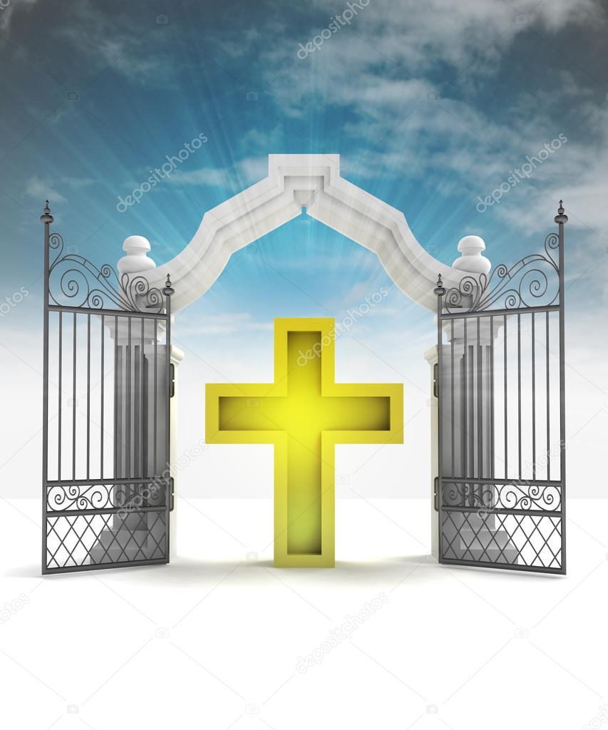 divine golden cross in heavenly gate with sky flare