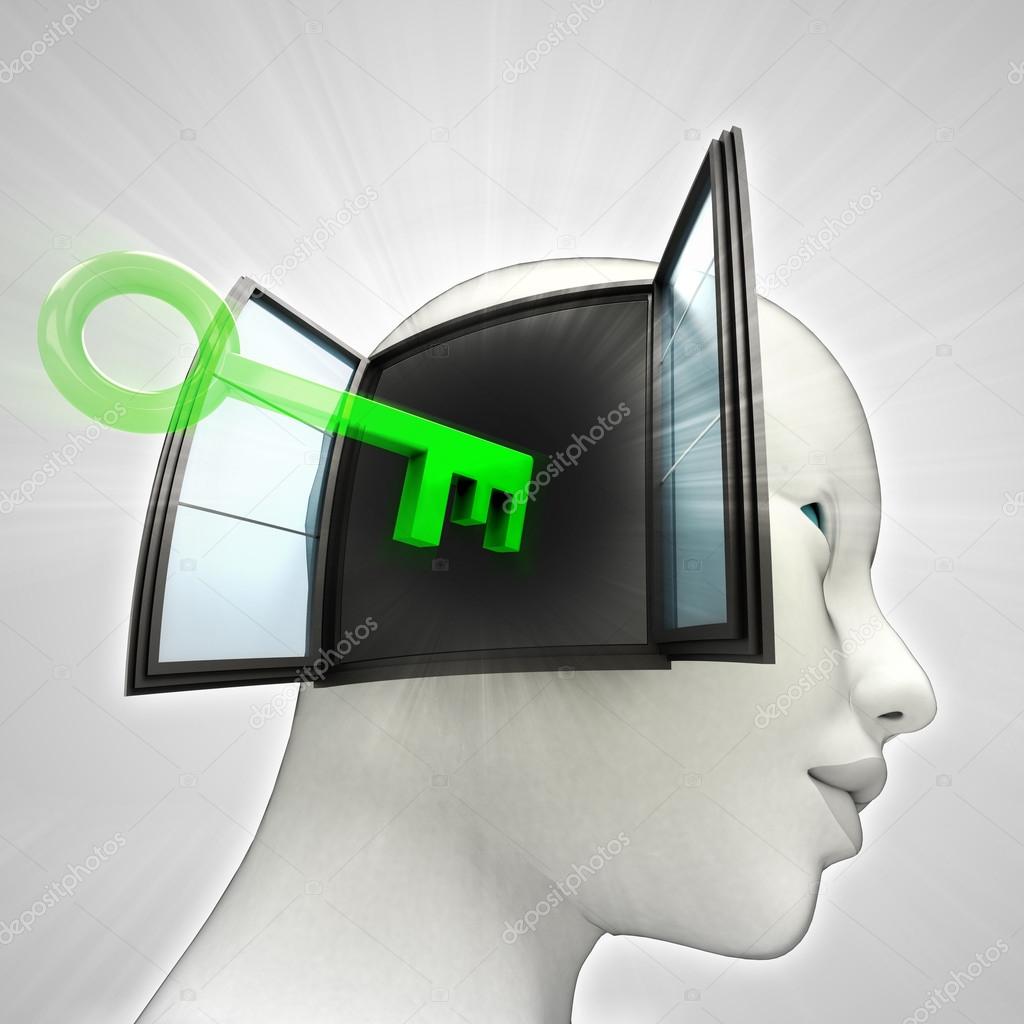 key opening human head through window memory concept