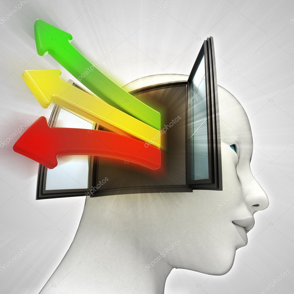 three colored way arrows coming out of human head through window as knowledge concept