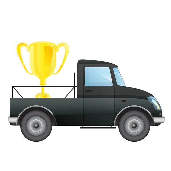 Geïsoleerde pick-up auto met champions cup vector tekening — Stockvector