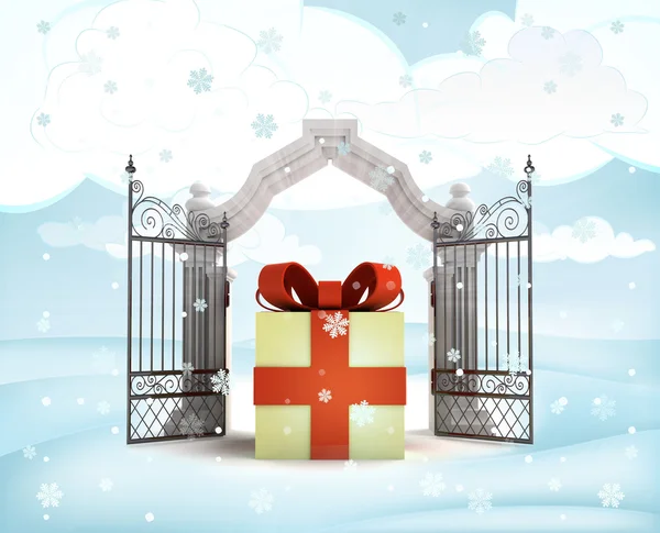 Xmas gate entrance with heavenly gift in winter snowfall — Stock Photo, Image