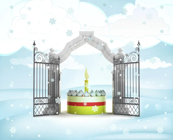 Entrada do portão de xmas com bolo celestial no inverno snowfall — Fotografia de Stock