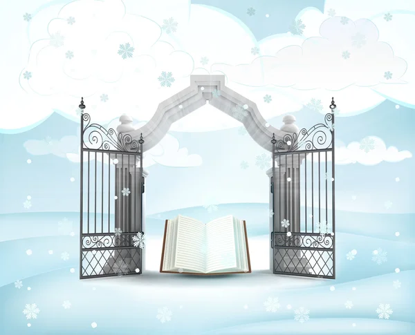 Entrada puerta de Navidad con libro celestial en invierno nevadas —  Fotos de Stock