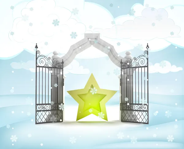 Xmas gate entrance with golden star in winter snowfall — Stock Photo, Image