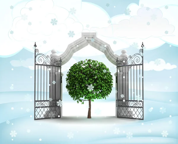 Puerta de entrada de Navidad con el milagro del árbol verde en invierno nevadas —  Fotos de Stock