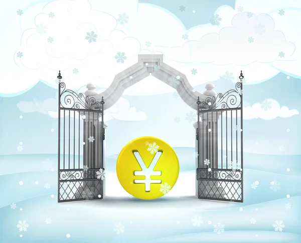 Eingang zum Weihnachtstor mit goldener Yen-Münze bei Schneefall — Stockfoto
