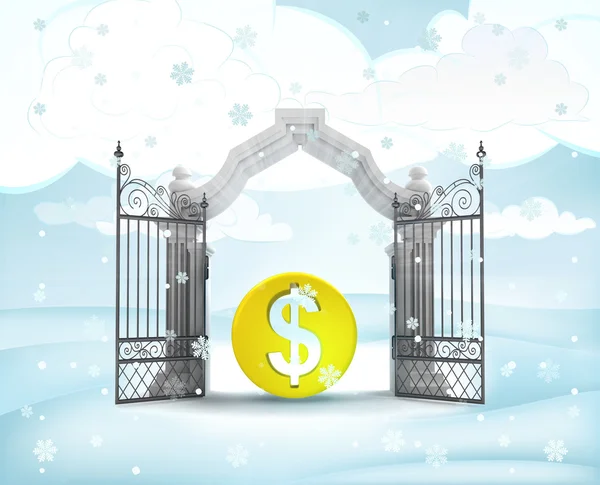 Xmas gate entrance with golden Dollar coin in winter snowfall — Stock Photo, Image