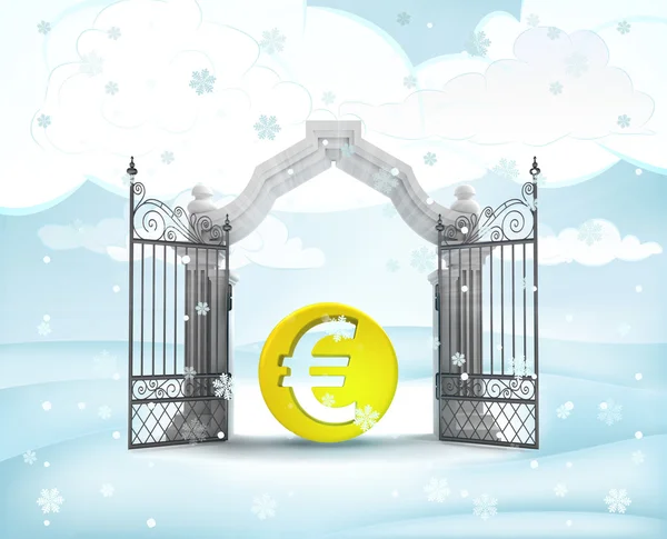 Xmas gate entrance with golden Euro coin in winter snowfall — Stock Photo, Image