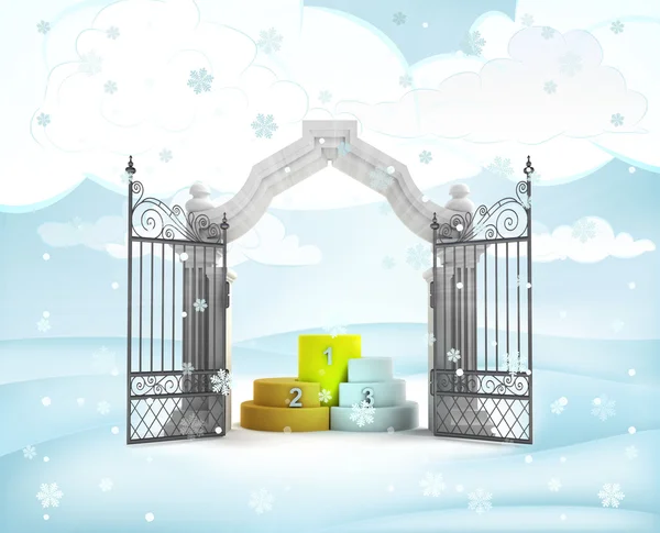 Xmas gate entrance with champion podium in winter snowfall — Stock Photo, Image