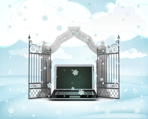 Xmas gate entrance with heavenly laptop in winter snowfall — Stock Photo, Image