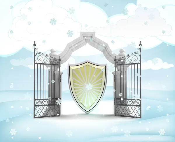 Xmas gate entrance with heavenly shield in winter snowfall — Stock Photo, Image