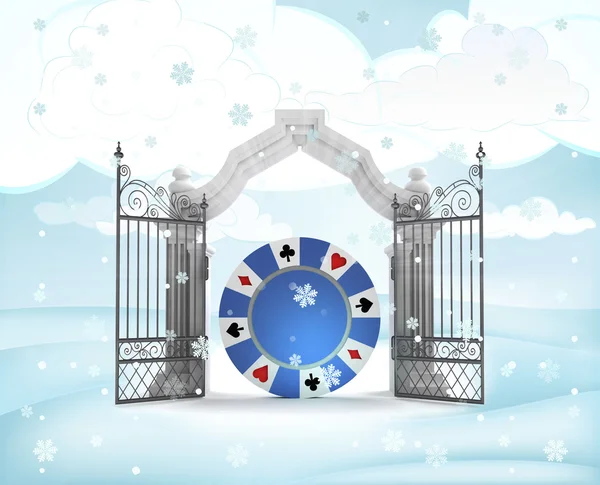 Ingresso cancello di Natale con chip di poker in inverno nevicate — Foto Stock