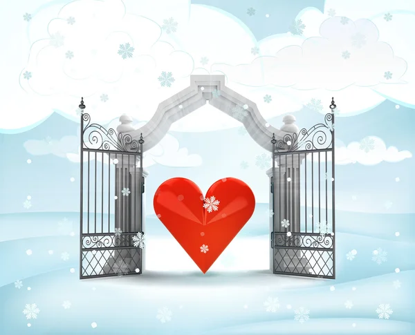 Entrada portão xmas com amor celestial no inverno nevasca — Fotografia de Stock