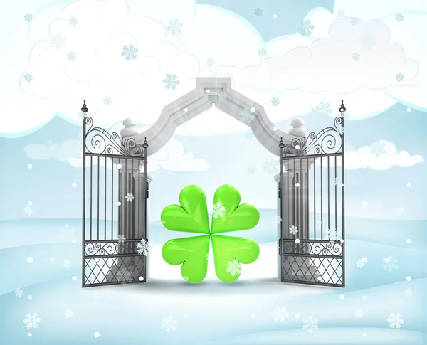 Xmas gate entrance with heavenly happiness in winter snowfall — Stock Photo, Image