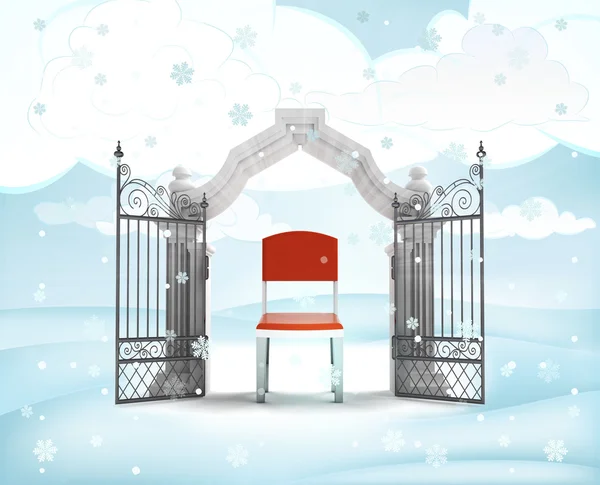 Xmas gate entrance with chair in winter snowfall — Stock Photo, Image