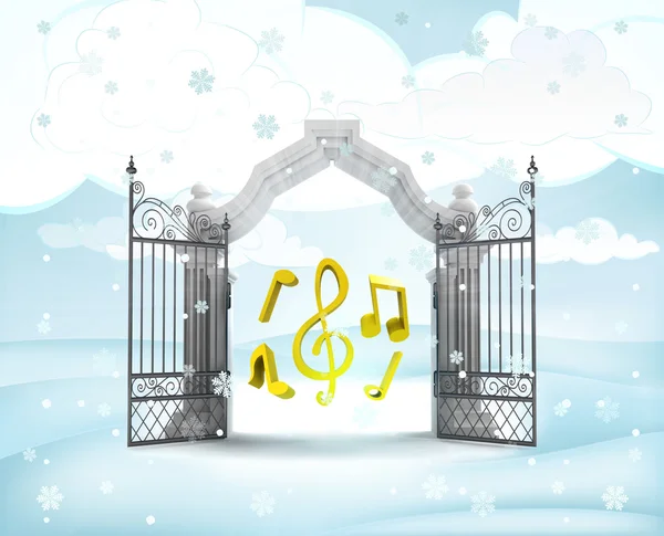 Xmas gate entrance with heavenly music in winter snowfall — Stock Photo, Image