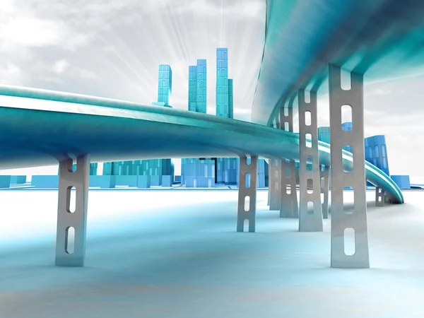 Zwei oberirdische Geschwindigkeitsspuren, die zu einer futuristischen Stadt mit himmelblauem Himmel führen — Stockfoto