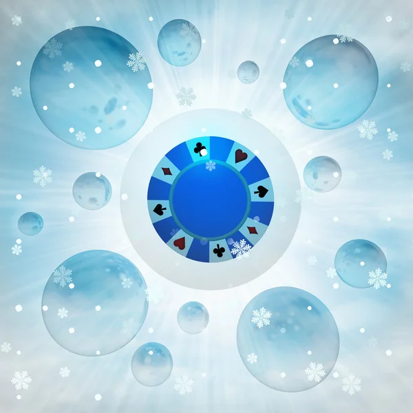 Blue poker chip in bubble at winter snowfall — Stock Photo, Image