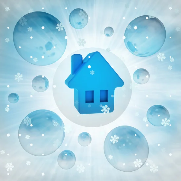 Blue house building icon in bubble at winter snowfall — Stock Photo, Image