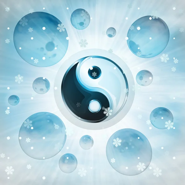 Yin en yang harmonie pictogram in zeepbel op winter sneeuwval — Stockfoto