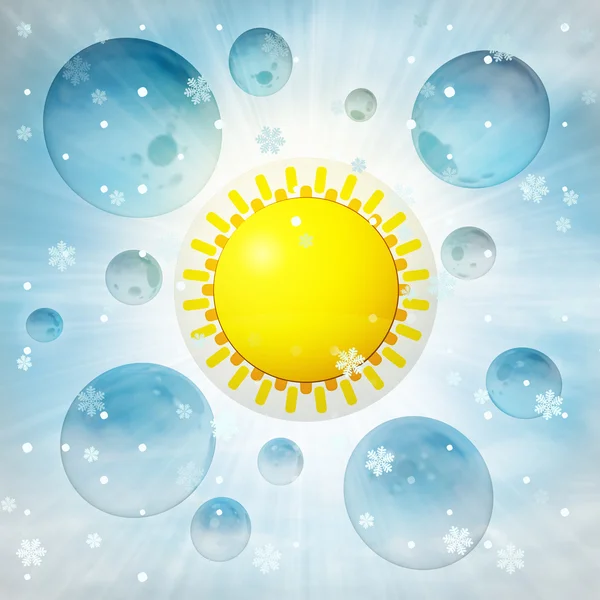 Glänsande gula solen i bubbla på vintern snöfall — Stockfoto