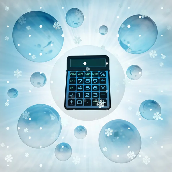 Blue business calculator in bubble at winter snowfall — Stock Photo, Image