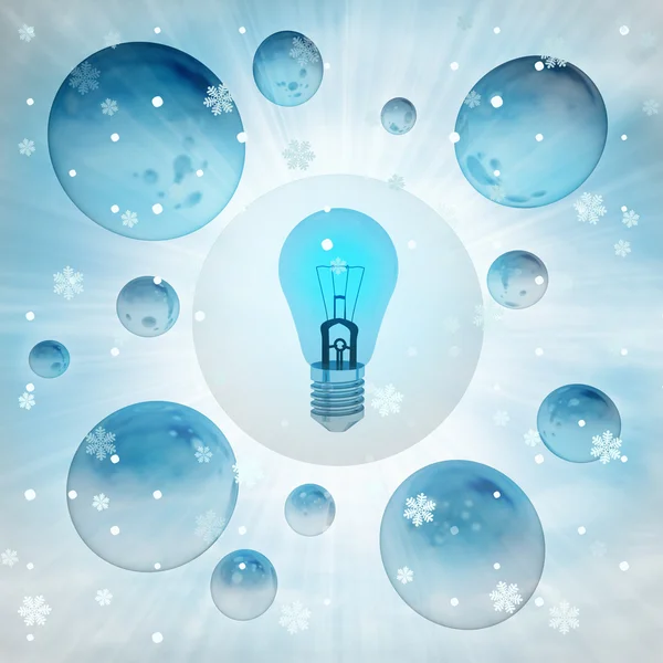 Blue shiny bulb in bubble at winter snowfall — стоковое фото