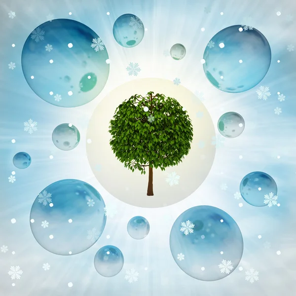 Green tree miracle in bubble at winter snowfall — Stock Photo, Image