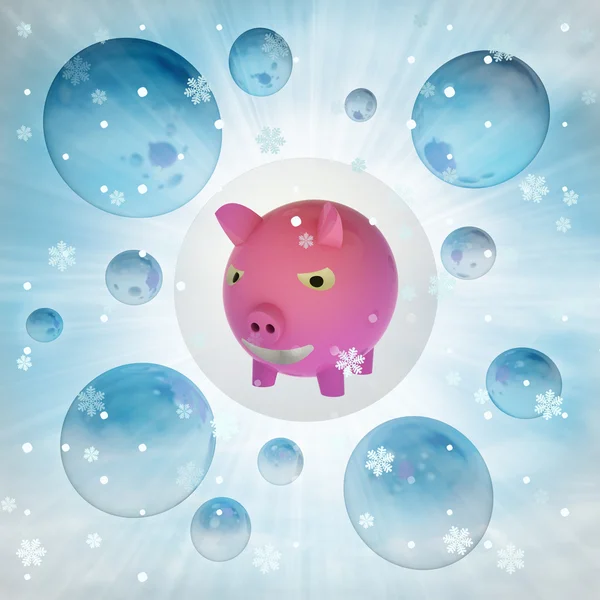 冬の降雪でバブルのピンクのブタ — ストック写真