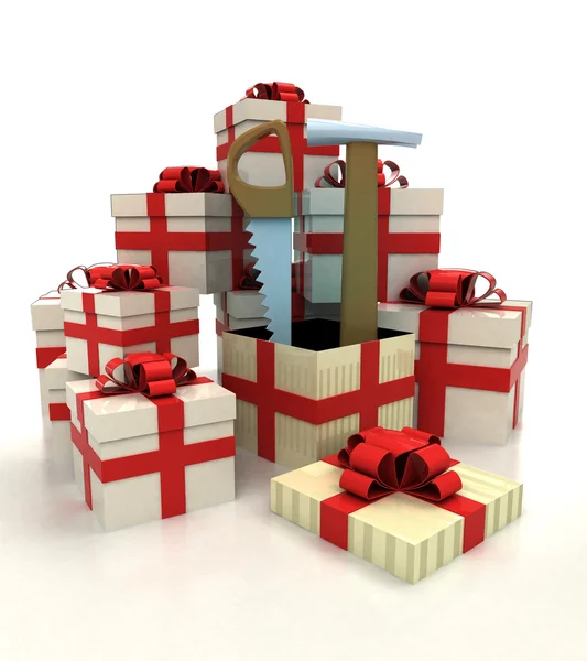 Grupo isolado de caixas de presente de Natal com ferramentas manuais revelação — Fotografia de Stock