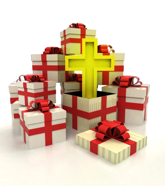 Isolierte Gruppe von Weihnachtsgeschenkboxen mit goldenem Kreuz — Stockfoto