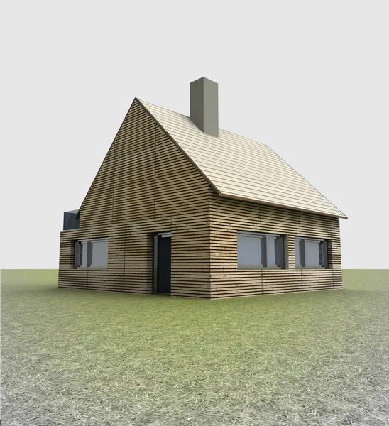 Samotny drewniany dom lub domek z kominkiem na dachu — Zdjęcie stockowe