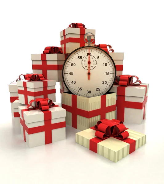 Isolated group of christmas gift boxes with time counter revelation — Stock Photo, Image