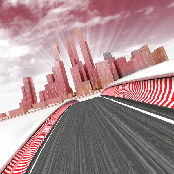 Závodní trať vedoucí k moderní mrakodrap město s nebe při západu slunce vykreslení obrázku — Stock fotografie