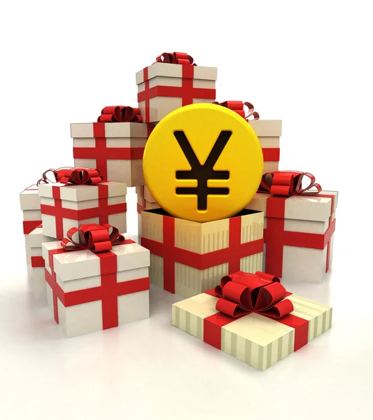Isolated group of christmas gift boxes with golden Yuan coin revelation — Stock Photo, Image