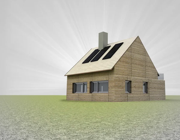 Wooden house with several solar panels on the roof and flare — Stock Photo, Image