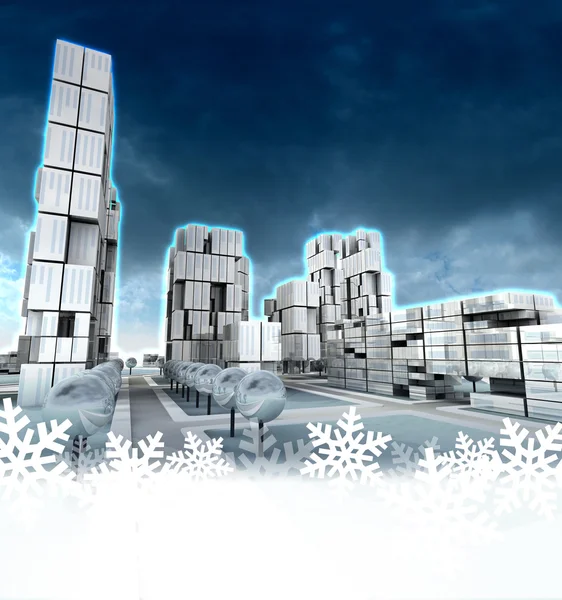 Frosty skyscraper city at winter sunset snowflake frame — Stock Photo, Image