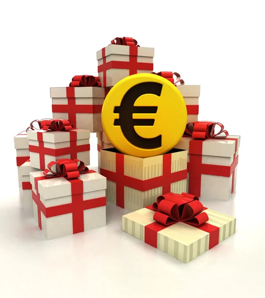 Grupo aislado de cajas de regalo de Navidad con revelación de monedas de oro en euros — Foto de Stock
