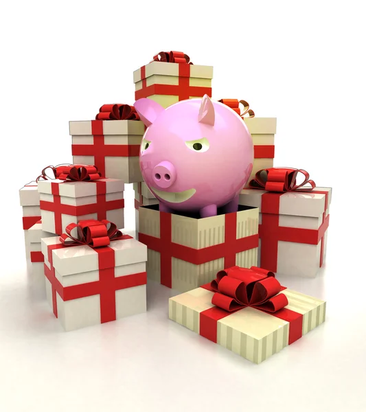 Aislado grupo de cajas de regalo de Navidad con feliz revelación de cerdo — Foto de Stock
