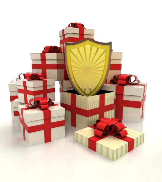 Isolated group of christmas gift boxes with antiviral shield revelation — Stock Photo, Image