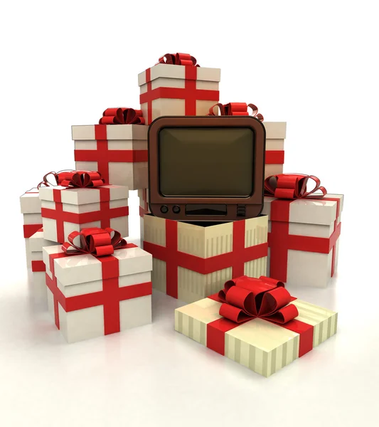 Isolierte Gruppe von Weihnachtsgeschenkboxen mit Retro-TV-Enthüllung — Stockfoto