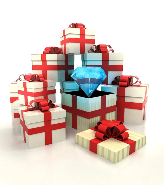 Isolated group of christmas gift boxes with big diamond revelation — Stock Photo, Image