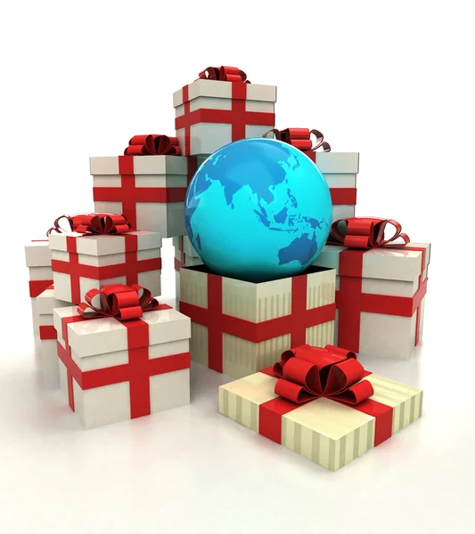 Grupo isolado de caixas de presente de Natal com Ásia terra globo revelação — Fotografia de Stock