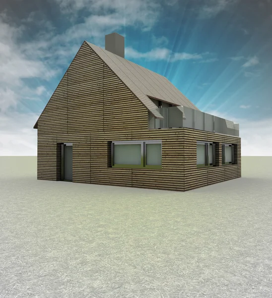 Dřevěný dům nebo chatu s krbem na střeše a obloha — Stock fotografie