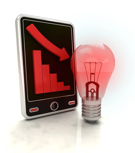 Descending graph with red bulb on smart phone display — Stock Photo, Image